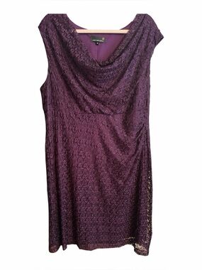 Laura Plus Purple Sheath Dress-Cowl Neck-Rusched Side-Floral Shimmer Lace-Size18